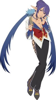 Rule 34 | 1girl, artist request, black pants, black shoes, blue hair, breasts, cleavage, closed mouth, drink, finger to mouth, full body, game cg, highres, holding, holding drink, judith (tales), large breasts, long hair, looking at viewer, multicolored hair, official alternate costume, official art, pants, pointy ears, purple eyes, purple hair, shoes, smile, solo, standing, tales of (series), tales of asteria, tales of vesperia, third-party source, transparent background, twintails, two-tone hair, very long hair