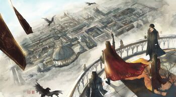 4boys amon_(lord_of_the_mysteries) antigonus_(lord_of_the_mysteries) architecture arm_up balcony bird black_boots black_coat black_gloves black_hair black_pants black_sleeves black_vest blood_emperor boots building cape carpet chutianzhiyun coat collared_shirt crow crown cup dome drinking_glass floating_clothes from_above full_body gloves hand_on_railing highres holding holding_cup long_hair long_sleeves lord_of_the_mysteries male_focus mr._door multiple_boys pants railing red_cape seal_impression shirt short_hair standing town vest white_shirt wine_glass