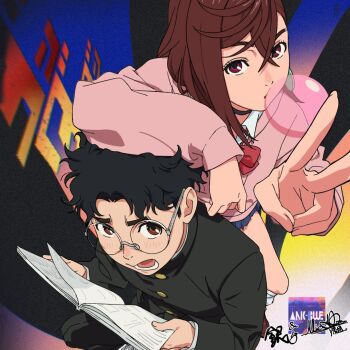 1boy 1girl abstract_background anime_coloring ankle_socks arm_on_another&#039;s_head armrest artist_name asymmetrical_bangs ayase_momo black_choker black_hair black_pants black_sleeves blowing_bubble_gum blue_sky blush book bow bowtie brown_eyes brown_hair brown_shoes buttons chewing_gum choker collared_jacket collared_shirt commentary_request copyright_name crossed_bangs dandadan double-parted_bangs dress_shoes english_text eyelashes from_above gakuran glasses gold_buttons hair_between_eyes hair_intakes holding holding_book jacket kami_high_school_uniform laces loafers long_bangs long_hair long_sleeves looking_at_another looking_at_viewer looking_up loose_bowtie lower_teeth_only micaoz microskirt nose nose_pads nostrils official_art open_book open_mouth pants parted_bangs pink_sleeves pink_sweater pleated_skirt promotional_art red_bow red_bowtie round_eyewear school_uniform science_saru second-party_source shirt shoes short_hair sideburns signature skirt sky sneakers socks standing sweater takakura_ken_(dandadan) teeth thick_eyebrows tongue tube_socks undershirt white_shirt white_shoes white_socks wing_collar yin_qiezi