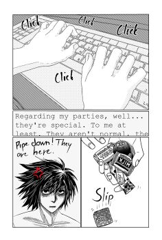 2021 absurdres bags_under_eyes black_hair candy comic computer death_note english_text food highres l_(death_note) male_focus typing uncensored