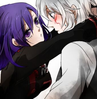 1boy 1girl allen_walker arms_around_neck badge black_jacket black_order_uniform buttons colored_eyelashes commentary_request d.gray-man dress_shirt eye_contact facial_mark facing_another forehead_mark grey_eyes grey_vest hair_between_eyes hair_over_shoulder imminent_kiss jacket lenalee_lee long_sleeves looking_at_another lowres military military_uniform partial_commentary profile purple_eyes purple_hair scar scar_across_eye scar_on_face shirt short_hair shumiko_(kamenokoueki) sidelocks simple_background striped_clothes striped_jacket sweat sweatdrop vertical-striped_clothes vertical-striped_jacket vest white_background white_hair white_shirt