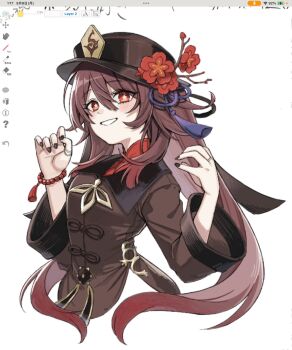 1girl art_program_in_frame bead_bracelet beads black_hat black_nails blush bracelet breasts brown_hair brown_jacket chinese_clothes commentary cropped_torso flower flower-shaped_pupils genshin_impact gradient_hair hair_between_eyes hat hat_flower hat_tassel hayakuhashireyo highres hu_tao_(genshin_impact) jacket jewelry long_hair long_sleeves looking_at_viewer magicaldraw magicaldraw_(medium) mandarin_collar middle_ring multicolored_hair multiple_rings nail_polish parted_lips plum_blossoms porkpie_hat red_eyes red_hair red_shirt ring shirt sidelocks simple_background small_breasts smile solo symbol-shaped_pupils tangzhuang thumb_ring twintails two-tone_hair upper_body white_background