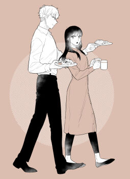1boy 1girl :o belt bread bread_slice cherry_tomato closed_mouth coat coffee_mug commentary_request cup dress_shirt dress_shoes flats food from_side full_body greyscale_with_colored_background highres holding holding_cup holding_plate husband_and_wife leggings long_hair long_sleeves looking_at_another mug no_shoes open_mouth pants plate profile shirt shoes short_hair smile spot_color spy_x_family straight_hair sunbo_zatta toast tomato twilight_(spy_x_family) very_short_hair walking yor_briar