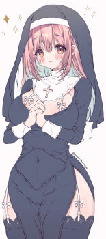 1girl aqua_hair black_dress black_thighhighs blush breasts cameltoe cleavage cleavage_cutout clothing_cutout colored_inner_hair covered_navel dress garter_straps highres large_breasts long_hair long_sleeves looking_at_viewer march-bunny multicolored_hair nun original own_hands_together pelvic_curtain pink_hair red_eyes simple_background smile solo thighhighs veil white_background