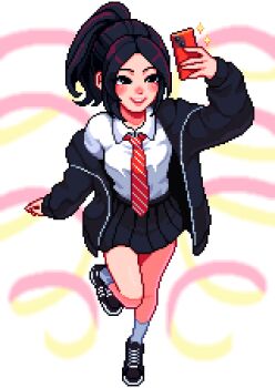 1girl artist_self-insert aseprite_(medium) black_eyes black_hair black_jacket black_skirt blush breasts commentary english_commentary high_ponytail highres holding holding_phone jacket long_hair medium_breasts necktie open_clothes open_jacket parted_lips phone pixel_art pleated_skirt ponytail red_necktie selfie shirt simple_background skirt smile solo sparkle standing standing_on_one_leg teeth upper_teeth_only white_shirt yumykon yumykon_(yumykon) yumyverse