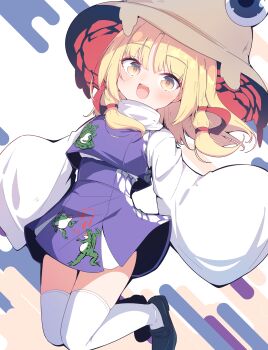 1girl :d absurdres animal_print arms_at_sides black_shoes blonde_hair blush brown_hat commentary_request darumoon frog_print full_body hair_ribbon hands_up hat high-waist_skirt highres legs_up long_sleeves looking_at_viewer medium_hair moriya_suwako open_mouth purple_skirt purple_vest red_ribbon ribbon shirt shoes skindentation skirt sleeves_past_fingers sleeves_past_wrists smile solo teeth thighhighs touhou turtleneck turtleneck_shirt upper_teeth_only vest white_shirt white_thighhighs yellow_eyes