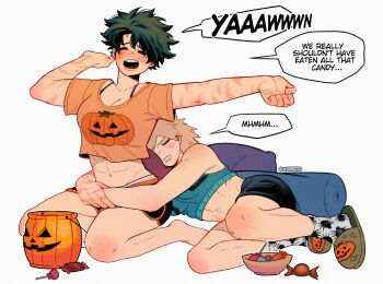abs absurdres bakugou_katsuki black_shorts boku_no_hero_academia breasts brown_hair cropped_shirt dolphin_shorts genderswap genderswap_(mtf) green_hair halloween highres hug hyamotto jack-o&#039;-lantern kneeling medium_breasts midoriya_izuku scar scar_on_arm short_hair shorts simple_background sleeping sleepy sports_bra stretching toned toned_female yawning yuri