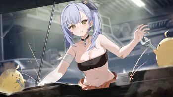 1girl ahoge artist_request azur_lane baby_animal bandaged_arm bandages bandaid bandaid_on_arm bare_shoulders bird black_choker black_nails blurry blurry_background blush breasts car chick choker cleavage clenched_teeth clothes_around_waist collarbone dirty grey_hair hair_ornament hand_up headgear highres holding holding_wrench indoors jumpsuit key long_hair looking_at_viewer mechanic medium_breasts midriff motor_vehicle nail_polish navel non-web_source oceana_(azur_lane) official_art parted_lips repairing screw shirt side_ponytail siren_(azur_lane) skindentation solo standing stomach strapless sweat sweatdrop teeth tools tube_top upper_body v-shaped_eyebrows wrench yellow_eyes