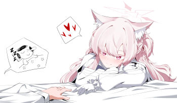 1boy 1girl absurdres akira_(blue_archive) animal_ear_fluff animal_ears doodle_sensei_(blue_archive) blue_archive blush cat_ears coat coat_on_shoulders colored_eyelashes fang gloves halo heart highres long_hair looking_at_viewer plentyofempty red_eyes sensei_(blue_archive) shirt sleeping smile solo_focus spoken_heart white_coat white_gloves white_hair white_shirt zzz