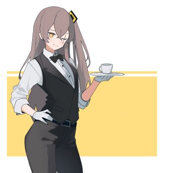 1girl absurdres alternate_costume belt black_belt black_bow black_bowtie black_pants black_vest bow bowtie brown_hair butler closed_mouth collared_shirt commentary crossdressing crossdressing_(ftm) cup dress_shirt english_commentary female_butler girls'_frontline gloves hand_on_own_hip highres myticalcat one_eye_closed one_side_up pants plate shirt simple_background smile solo two-tone_background ump45_(girls'_frontline) vest white_background white_gloves white_shirt yellow_background yellow_eyes