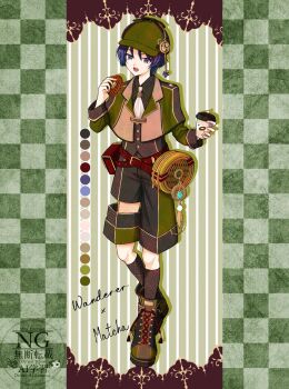 1boy alternate_costume anemo_symbol_(genshin_impact) artist_name black_jacket black_shorts black_socks blue_gem blunt_ends boots bright_pupils capelet character_name checkered_border choppy_bangs collared_shirt cup deerstalker detective disposable_coffee_cup disposable_cup donut eyeliner feathers food full_body gem genshin_impact green_hat green_shorts green_sleeves hands_up hat hat_ornament highres holding holding_cup holding_food jacket lace-up_boots lapels long_sleeves looking_at_viewer makeup male_focus mismatched_pants morinaga_miru necktie open_mouth plaid_clothes plaid_socks pom_pom_(clothes) purple_eyes purple_hair red_eyeliner rounded_collar scaramouche_(genshin_impact) shirt shorts socks solo striped_background teeth two-tone_shorts upper_teeth_only vision_(genshin_impact) wanderer_(genshin_impact) watermark white_necktie white_pupils yellow_feathers