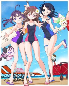 3girls ;d absurdres ahoge aokaze_nana arm_up bare_legs beach bechamel black_hair blue_eyes blue_one-piece_swimsuit blue_sky blunt_bangs brown_hair collarbone commission covered_navel day flat_chest floating_hair flower grin hair_flower hair_intakes hair_ornament hairband highres kimi_to_idol_precure long_hair looking_at_viewer meroron_(fairy)_(precure) multiple_girls ocean one-piece_swimsuit one_eye_closed open_mouth outdoors outstretched_arms outstretched_hand parasol pixiv_commission precure purirun_(fairy)_(precure) purple_eyes purple_hair purple_one-piece_swimsuit red_eyes red_hairband red_one-piece_swimsuit sakura_uta_(precure) shigure_kokoro sky smile summer swimsuit thigh_strap two-tone_one-piece_swimsuit umbrella white_flower x_hair_ornament