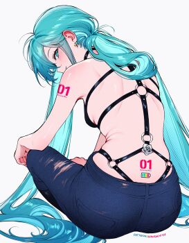 1girl absurdres alternate_hairstyle aqua_eyes aqua_hair back_tattoo battery_indicator breasts commentary denim earrings from_behind hatsune_miku highres jeans jewelry looking_at_viewer looking_back medium_breasts number_tattoo pants patreon_username qiandaiyiyu simple_background solo sphere_earrings tattoo vocaloid white_background