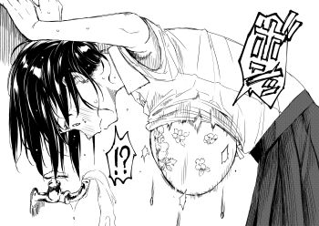 !? 1girl bent_over blush bra bra_visible_through_clothes breasts bursting_breasts collared_shirt drinking_fountain ear_blush embarrassed embroidered_bra faucet floral_print floral_print_bra flying_button from_side greyscale hanging_breasts highres inconvenient_breasts large_breasts medium_hair monochrome open_clothes open_shirt original pleated_skirt popped_button profile shirt shirt_tucked_in skirt smear_frame solo surprised suzuki_nago underwear wardrobe_malfunction water wet wide-eyed