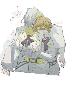 ascot blonde_hair blush breasts collared_shirt crazy_smile groping hair_over_one_eye hand_on_another&#039;s_shoulder hetero highres kromer_(project_moon) large_breasts limbus_company multicolored_hair necktie nose_blush one_eye_covered project_moon purity_seal shirt short_hair short_male sinclair_(project_moon) smile suifengflyfff sweat teeth tongue yellow_eyes