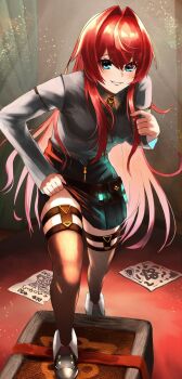 1girl ange_katrina ange_katrina_(4th_costume) ankle_boots belt belt_pouch black_skirt blue_eyes blush boots breasts brown_belt collared_shirt commentary_request doidamon fold-over_boots foot_up full_body grey_boots grey_shirt grey_thighhighs grin hair_between_eyes hair_intakes hand_up highres indoors legwear_garter light_particles long_hair long_sleeves looking_at_viewer miniskirt nijisanji paper pleated_skirt pouch red_hair shirt shirt_tucked_in skirt skirt_hold small_breasts smile solo standing test_tube_holster thighhighs very_long_hair virtual_youtuber zettai_ryouiki