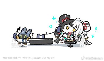 1girl ^^^ ahoge bangboo_(zenless_zone_zero) black_hair blue_necktie braid braided_twintails chair chibi chibi_only china_dress chinese_clothes commentary_request corded_phone desk dialyn_(zenless_zone_zero) double_bun dress earrings full_body hair_bun hair_extensions holding holding_phone jewelry multicolored_hair necktie on_chair open_mouth overtimeboo_(zenless_zone_zero) phone ring_hair_extensions shidare_(youh4016) shirt simple_background split-color_hair watermark white_background white_hair white_shirt wire yellow_eyes yellow_necktie zenless_zone_zero