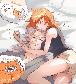 0nodera 1boy 1girl ahoge black_shirt blush closed_eyes commentary_request dreaming fate/grand_order fate_(series) fujimaru_ritsuka_(female) grey_hair grey_kimono grey_shorts hetero hug japanese_clothes kimono lying nagakura_shinpachi_(fate) on_side orange_hair parted_lips pillow scar scar_on_face shirt short_hair shorts sleeping_together