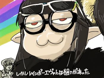 :3 crossover eva_(mon-musu_quest!) eyewear_on_head galactic_nova hair_ornament hair_scrunchie half-closed_eyes highres kirby_(series) kirby_air_ride kirby_air_riders lucifina_(mon-musu_quest!) mon-musu_quest! mon-musu_quest:_paradox nintendo rainbow red_eyes round_eyewear scene_reference scrunchie setouchi_(blackse) sunglasses