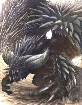 absurdres claws dragon dragon_horns dragon_wings folded_wings highres horns huge_horns monster monster_focus monster_hunter:_world monster_hunter_(series) nergigante no_humans nutuki open_mouth scales sharp_teeth spiked_arm spiked_wings spikes teeth wings yellow_eyes