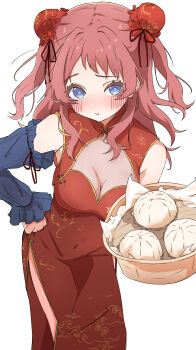 1girl absurdres blue_eyes blush breasts bun_cover china_dress chinese_clothes cleavage closed_mouth commentary covered_navel detached_sleeves dress food gakuen_idolmaster hanami_saki highres idolmaster large_breasts long_hair pout red_dress red_hair side_slit simple_background single_detached_sleeve sleeveless sleeveless_dress solo steamed_bun two_side_up urishima white_background