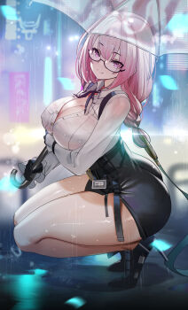 1girl absurdres black_footwear black_gloves black_skirt breasts closed_mouth commentary english_commentary glasses gloves high-waist_skirt high_heels highres holding holding_umbrella large_breasts long_hair long_sleeves pencil_skirt pink_hair purple_eyes rain shirt skirt smile solo squatting teddypocky tsukishiro_yanagi umbrella wet white_shirt zenless_zone_zero
