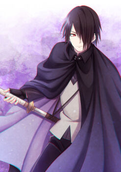 1boy absurdres black_cape black_gloves black_hair black_pants boruto:_naruto_next_generations cape fingerless_gloves gloves hair_over_one_eye highres holding holding_sword holding_weapon light_smile long_sleeves male_focus mochiii-s naruto_(series) pants red_eyes sharingan sheath shirt short_hair solo sword uchiha_sasuke unsheathing weapon