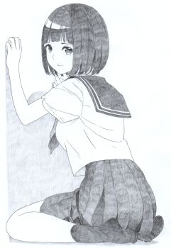 1girl blunt_bangs closed_mouth commentary_request from_behind full_body graphite_(medium) greyscale hands_up highres looking_at_viewer looking_back meeya monochrome neckerchief no_shoes original pleated_skirt sailor_collar school_uniform serafuku shirt short_hair short_sleeves sitting skirt smile socks solo traditional_media wariza