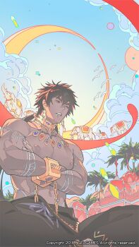 1boy bird black_pants blue_sky brown_hair character_request cloud drooling earrings elephant fang highres jewelry lord_of_dice male_focus middle_eastern_architecture muscular muscular_male nipples palm_tree pants pectorals ponytail sky solo tree uoongpig