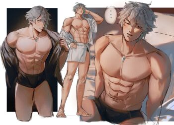 Rule 34 | ..., 1boy, abs, absurdres, alhaitham (genshin impact), black male underwear, boxers, closed mouth, collarbone, cropped legs, full body, gem, genshin impact, green gemstone, grey hair, highres, male focus, male underwear, multiple views, muscular, muscular male, navel, nipples, nokkusuart, pectorals, short hair, sitting, spoken ellipsis, underwear