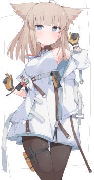 1girl absurdres animal_ears arknights arknights:_endfield bare_shoulders bird_ears bird_girl black_gloves black_pantyhose blue_eyes breasts closed_mouth commentary_request dress gloves grey_hair highres jacket long_sleeves medium_breasts medium_hair pantyhose partial_commentary perlica_(arknights) puffy_long_sleeves puffy_sleeves sleeveless sleeveless_dress solo two-sided_gloves white_dress white_jacket yellow_gloves yellow_pupils yuuko_(oruta)