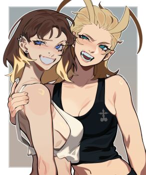 2girls :d absurdres antenna_hair aqua_eyes arm_around_shoulder arm_at_side artist_self-insert black_tank_top blonde_hair blue_eyes blush breasts brown_hair crop_top ear_piercing earrings face_piercing from_side grey_background grin hair_slicked_back hand_on_another's_shoulder highres jewelry kingdom_hearts larxene long_hair looking_ahead looking_at_viewer martini_(porqueloin) midriff multicolored_hair multiple_girls navel nose_piercing open_mouth original piercing porqueloin sideboob simple_background small_breasts smile straight_hair stud_earrings tank_top teeth tongue two-tone_hair upper_body white_tank_top