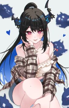 1girl :p alternate_costume asymmetrical_horns black_hair blue_hair blue_skirt borrowed_design breasts brown_shirt camisole cleavage colored_inner_hair commentary demon_horns denim denim_skirt english_commentary flower frilled_camisole frills grey_background hand_on_own_cheek hand_on_own_face highres hololive hololive_english horn_flower horns jailbird_(nerissa_ravencroft) large_breasts long_hair looking_at_viewer magui3 miniskirt mole mole_under_eye multicolored_hair nerissa_ravencroft off_shoulder open_clothes open_shirt plaid_clothes plaid_shirt purple_eyes shirt sidelocks simple_background skirt sleeves_past_wrists solo straight_hair tongue tongue_out uneven_horns very_long_hair virtual_youtuber white_camisole wide_ponytail