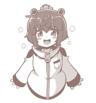 1girl absurdres commentary_request greyscale headgear highres jacket kantai_collection makyurom monochrome open_mouth radar_hair_ornament round_teeth short_hair sleeves_past_wrists smile solo teeth upper_teeth_only yukikaze_(kancolle) zipper zipper_pull_tab