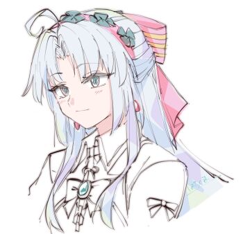 1girl ahoge alternate_costume aqua_eyes bow bowtie carlotta_(wuthering_waves) closed_mouth collared_shirt commentary_request earrings grey_hair hachikuma_z hair_bow hairband highres jewelry long_hair looking_ahead parted_bangs partially_colored pink_bow pink_hairband shirt sidelocks smile solo striped_bow upper_body wuthering_waves