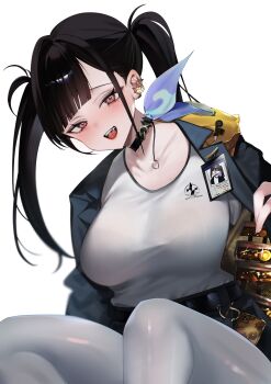 1girl :d absurdres arm_at_side black_bra black_choker black_hair black_jacket black_skirt blunt_bangs blurry blush bra bra_visible_through_clothes breasts brown_eyes choker coin collarbone commentary depth_of_field e9ua1 earrings fang glint goddess_of_victory:_nikke gold_coin hand_up heart heart-shaped_pupils high-waist_skirt highres id_card jacket jewelry knees_up large_breasts long_hair long_sleeves looking_at_viewer mole mole_under_eye open_clothes open_jacket open_mouth opened_by_self pantyhose pendant_choker shirt_tucked_in simple_background sitting skirt smile solo sora_(nikke) symbol-shaped_pupils teeth twintails underwear upper_body upper_teeth_only white_background white_pantyhose