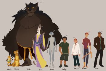 1girl 3boys 5others animal_ears blue_pants blue_shirt brown_jacket cat cat_ears cat_tail commentary english_commentary english_text full_body gale_(greekceltic) greekceltic green_eyes green_shirt height height_chart height_difference herman_(greekceltic) hood hoodie jacket jacky_(greekceltic) jim_(greekceltic) medium_hair multiple_boys multiple_others orange_hair original pants ponytail scar scar_on_face shirt short_hair simple_background smile tail white_hoodie