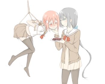 Rule 34 | 2girls, arms behind back, bdsm, black hair, blue bow, blue eyes, blush, bondage, bound, bound arms, bow, bowtie, box tie, brown cardigan, brown pantyhose, brown skirt, brown thighhighs, cardigan, commentary request, dress, femdom, food, frown, grabbing another's chin, hair bow, hair ornament, hand on another's chin, hands up, holding, holding plate, knees together feet apart, long hair, looking at another, low ponytail, midriff peek, multiple girls, no shoes, nose blush, pantyhose, pink eyes, pink hair, plate, ponytail, red bow, red bowtie, sailor collar, sailor shirt, sanshuu middle school uniform, school uniform, serafuku, shibari, shibari over clothes, shirt, short dress, short sleeves, sidelocks, simple background, skirt, smile, split mouth, suspension, thighhighs, tougou mimori, white background, white shirt, yukikuma (yukikuma 018), yuri, yuuki yuuna, yuuki yuuna wa yuusha de aru, yuusha de aru