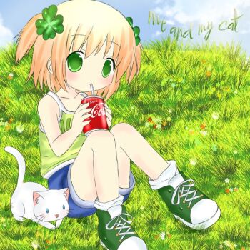 1girl 2000s_(style) bananafryapple blonde_hair blue_shorts blue_sky blush camisole cat cloud clover_hair_ornament coca-cola commentary drinking_straw faux_retro_artstyle full_body grass green_camisole green_eyes green_shoes hair_ornament looking_at_viewer loose_socks original pop_(electromagneticwave)_(style) shoes shorts sitting sky socks solo tareme twintails white_cat