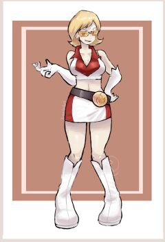 1girl bare_shoulders belt black_belt blonde_hair boots breasts cleavage collarbone collared_shirt commission crop_top elbow_gloves gloves go-rock_squad go-rock_squad_grunt_(pokemon) hand_on_own_hip highres midriff mixed-language_commentary nintendo open_mouth pixiv_commission pokemon pokemon_ranger_(series) pokemon_ranger_1 ragou2niko shirt short_hair skirt sleeveless sleeveless_shirt smile solo standing tinted_eyewear variant_set white_boots white_gloves white_shirt white_skirt yellow-tinted_eyewear