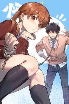 Rule 34 | 1boy, 1girl, artist name, black hair, black socks, blue necktie, brown eyes, brown hair, brown jacket, brown sweater, chain, chain leash, collared shirt, commentary, dated, drawn ears, fang, grey eyes, hair between eyes, hand on own hip, head on hand, head rest, highres, holding, holding chain, holding leash, jacket, kneehighs, leash, light blush, looking at viewer, mizutani shizuku, necktie, pants, shirt, skin fang, socks, sweater, tonari no kaibutsu-kun, v, white shirt, xuchuan, yoshida haru