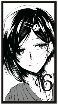 1boy 1girl absurdres black_border blush border close-up closed_mouth commentary_request greyscale hair_ornament hairclip high_collar highres looking_at_viewer monochrome neck_ribbon portrait ribbon science_adventure short_hair simple_background skull_hair_ornament smile solo steins;gate steins;gate_0 sweater trap urushibara_luka white_background winter_clothes yakku