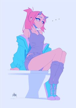 ... 1girl blue_background blue_jacket blue_shoes breasts closed_mouth commentary ear_piercing english_commentary full_body grey_shorts grey_socks grey_tank_top highres horns jacket jacket_partially_removed long_sleeves looking_to_the_side medium_breasts medium_hair original piercing pink_hair shibansfw shoes shorts sitting socks solo tank_top