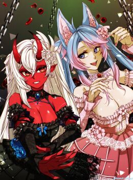 Rule 34 | absurdres, akumi (yoclesh), animal ear fluff, animal ears, blue hair, colored skin, d-maker, gradient hair, hair ornament, highres, horns, indie virtual youtuber, multicolored hair, oni, pink hair, red horns, red oni, red skin, scar, scar on arm, scar on breasts, scar on chest, scar on face, silvervale, skin-covered horns, skirt, virtual youtuber, white hair, wolf ears, wolf girl