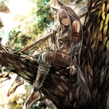 1girl animal_ear_fluff animal_ears arm_tattoo arm_wrap barefoot blue_eyes blunt_bangs bra breasts commentary_request feet fingernails full_body grey_hair holding holding_polearm holding_weapon in_tree leg_tattoo leg_wrap long_hair looking_at_viewer medium_breasts nail_polish navel original panties polearm red_nails sharp_fingernails sharp_toenails sitting sitting_in_tree solo stomach sushi_(sashimise) tail tattoo toenail_polish toenails tree tribal underwear very_long_hair weapon wolf_ears wolf_girl wolf_tail