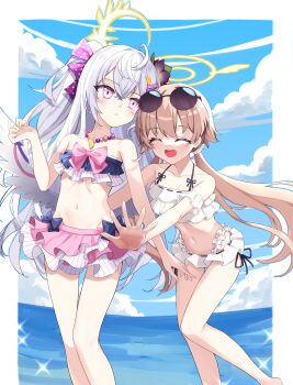 Rule 34 | 2girls, absurdres, azusa (blue archive), azusa (swimsuit) (blue archive), beach, bikini, blue archive, boukensha c, breasts, brown hair, closed eyes, collarbone, commentary request, day, eyewear on head, feathered wings, feet out of frame, halo, hifumi (blue archive), hifumi (swimsuit) (blue archive), highres, long hair, looking at another, multiple girls, navel, ocean, official alternate costume, outdoors, parted lips, pink hair, purple eyes, round eyewear, ruffle bikini, sky, small breasts, smile, stomach, sunglasses, swimsuit, twintails, very long hair, water, white bikini, white hair, white wings, wings, yellow halo