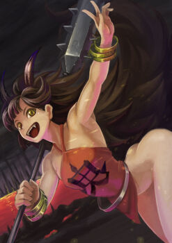 1girl ass bottomless brown_hair fang gradient_background hell kushizukino_ayame no_panties oboro_muramasa rajaki_(oboro_muramasa) smile tagme weapon yellow_eyes