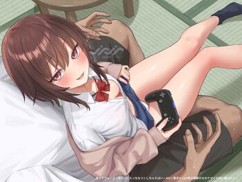 1boy 1girl black_shorts black_socks blush bow bowtie breasts brown_eyes brown_hair brown_sweater clothes_lift controller downblouse female_pervert game_controller holding holding_controller holding_game_controller indian_style indoors jfjf jitome legs long_sleeves looking_at_viewer medium_breasts navel no_bra open_clothes open_shirt original panties pantyshot pervert pleated_skirt red_bow red_bowtie school_uniform shirt short_hair shorts sitting sitting_on_lap sitting_on_person skirt skirt_lift sleeves_past_wrists socks sweat sweater table teasing thigh_gap unbuttoned unbuttoned_shirt underwear white_panties white_shirt