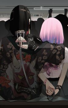 2girls 6+others absurdres arm_over_shoulder arm_up back_cutout back_tattoo bad_id bad_twitter_id black_hair bracelet chain clothing_cutout earrings floral_print hello_kitty highres holding holding_leash jewelry leash multicolored_hair multiple_girls multiple_others original pink_hair red_hair reference_work sanrio short_hair silhouette single_earring sitting skirt tattoo vinne