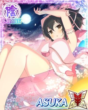 1girl :o armband arms_up asuka_(senran_kagura) bikini border breasts brown_eyes brown_hair card_(medium) character_name cherry_blossoms full_moon game_cg hair_ribbon hand_on_own_arm hood hoodie innertube large_breasts long_hair looking_at_viewer lying moon night official_art on_back pink_armband pink_bikini pink_hoodie pink_ribbon pink_scarf ponytail ribbon scarf senran_kagura senran_kagura_new_wave short_ponytail skindentation solo swim_ring swimsuit swimsuit_cover-up thigh_strap third-party_source transparent_innertube wet